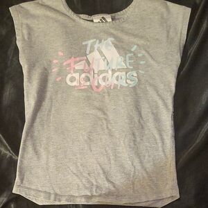Adidas Kids Gray Tee with Pink and Blue Graphic
